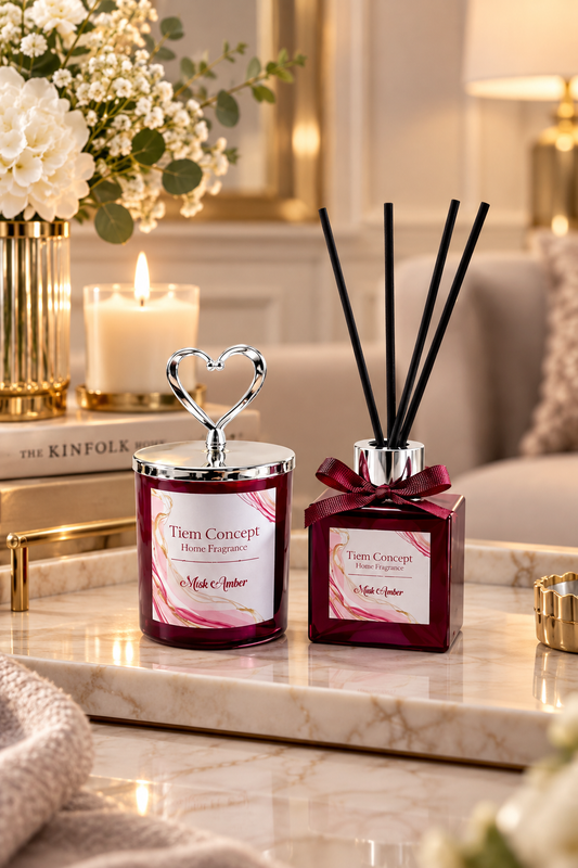 Heart Silver Headed Amber Scented Claret Red Glass Candle and Room Fragrance Set 100 ml