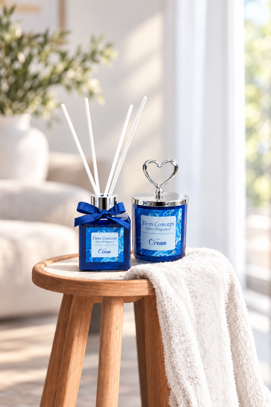 Heart Silver Head Ocean Scented Navy Blue Glass Candle and Room Fragrance Set 100 ml
