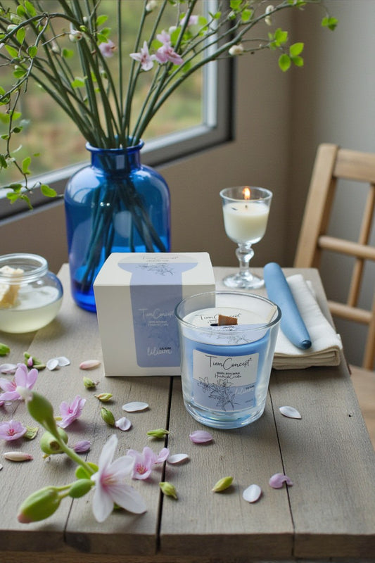 Lilyum Kokulu Ahşap Fitilli %100 Soya Mum - Şeffaf Bardak Mavi Renkli Aromaterapi 150cc