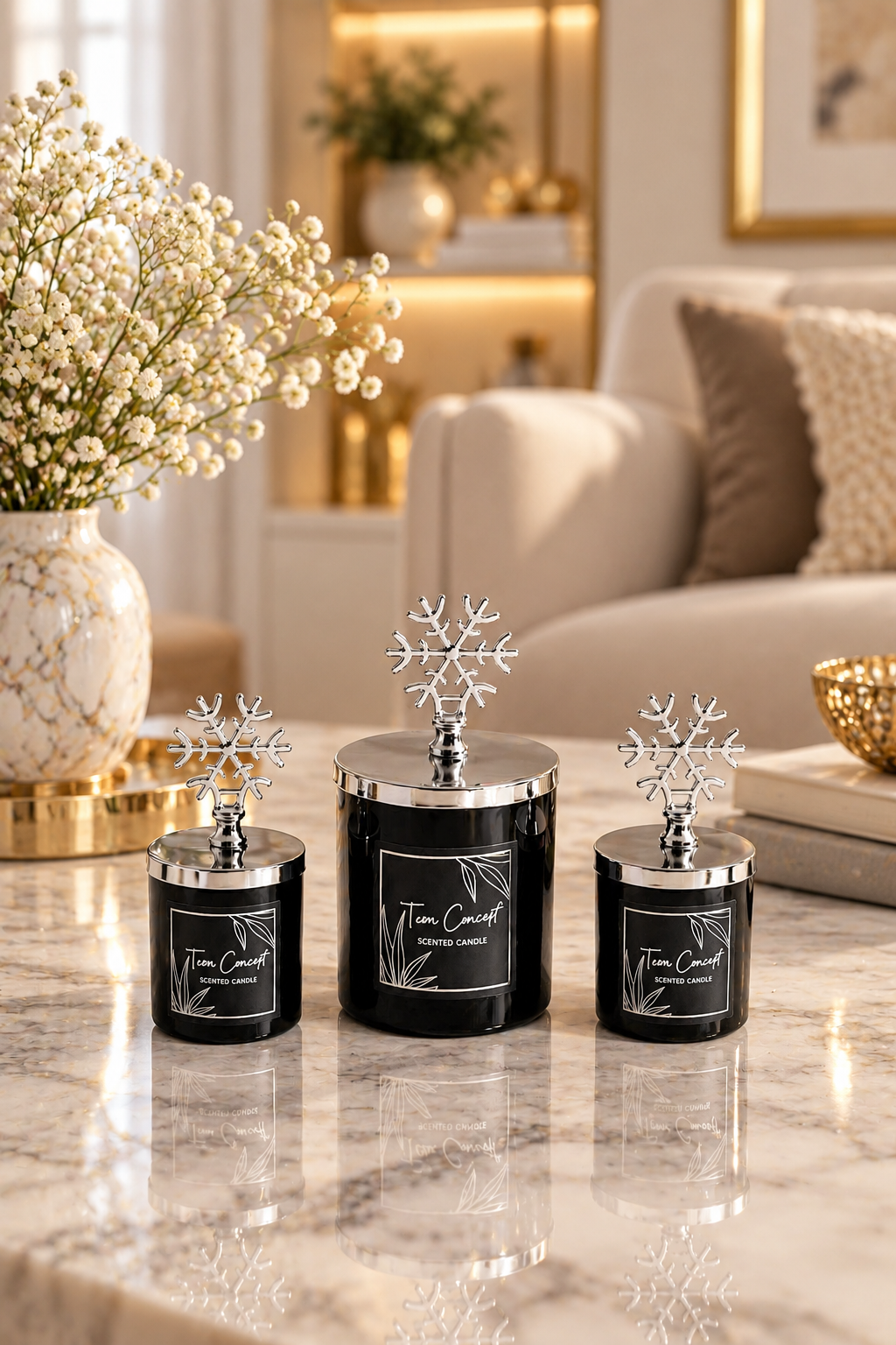 Tiem Concept Decorative Special Design Silver Snowflake Vanilla Scented 3-Piece Black Glass Candle Set
