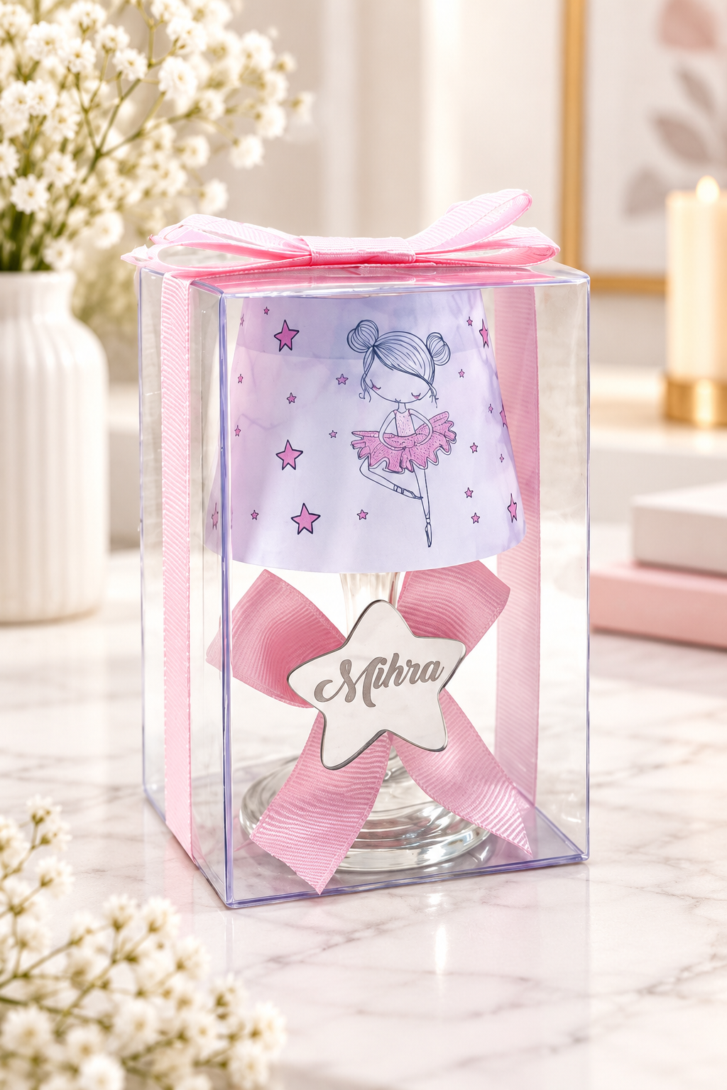 Baby Gift Boxed Personalized Pink Decorated Ballerina Printed Lampshade Candle Set of 10