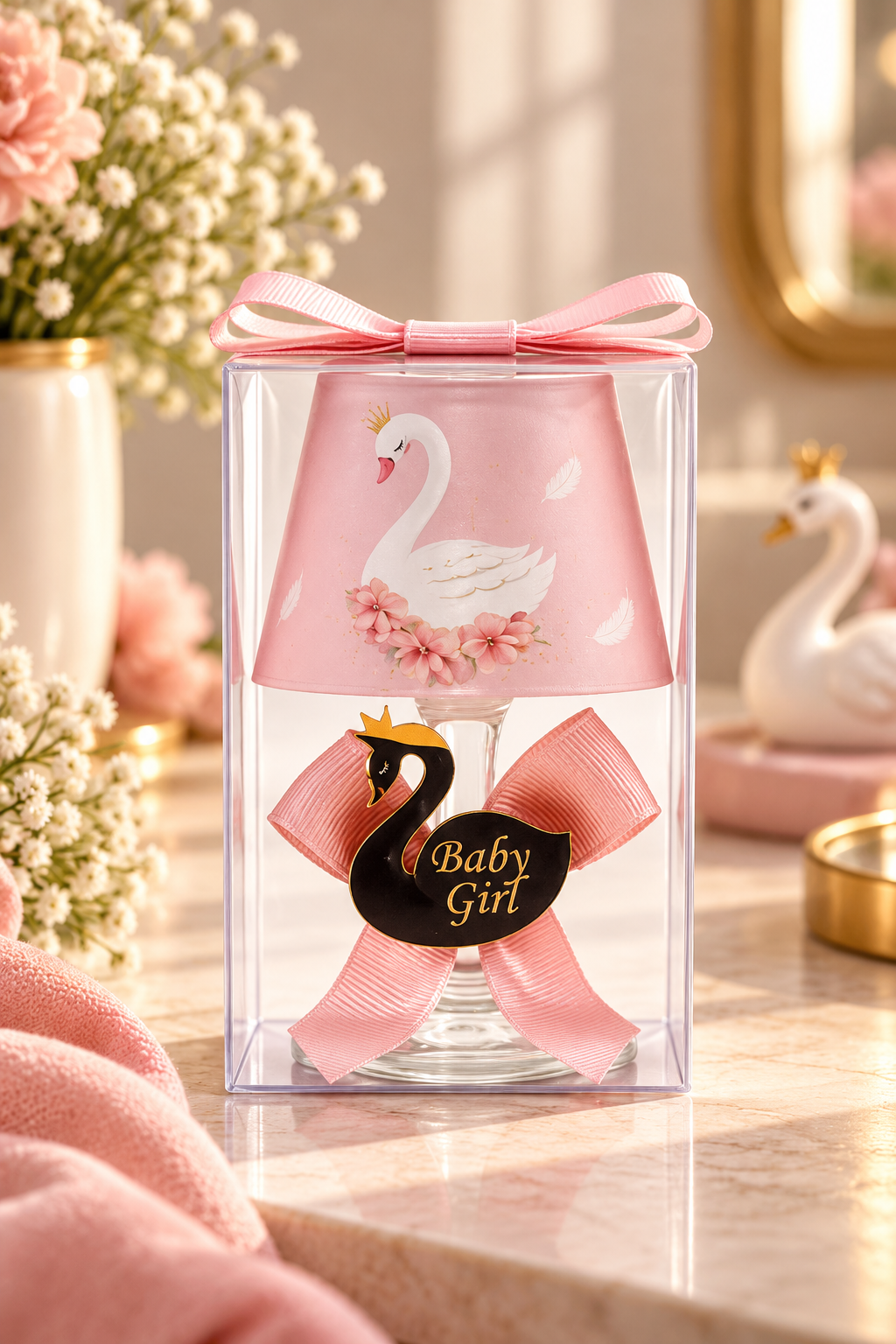 Baby Gift Boxed Personalized Powder Swan Printed Lampshade Candle Set of 10
