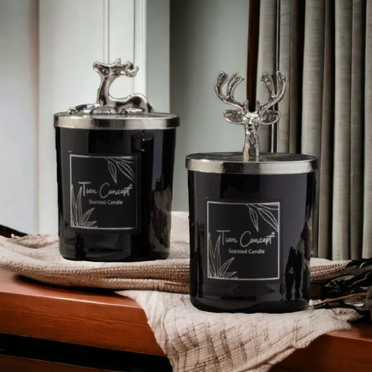 Tiem Concept Decorative Silver Color Deer Headed 2-Piece Black Glass Candle Set