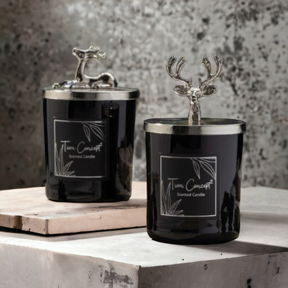 Tiem Concept Decorative Silver Color Deer Headed 2-Piece Black Glass Candle Set