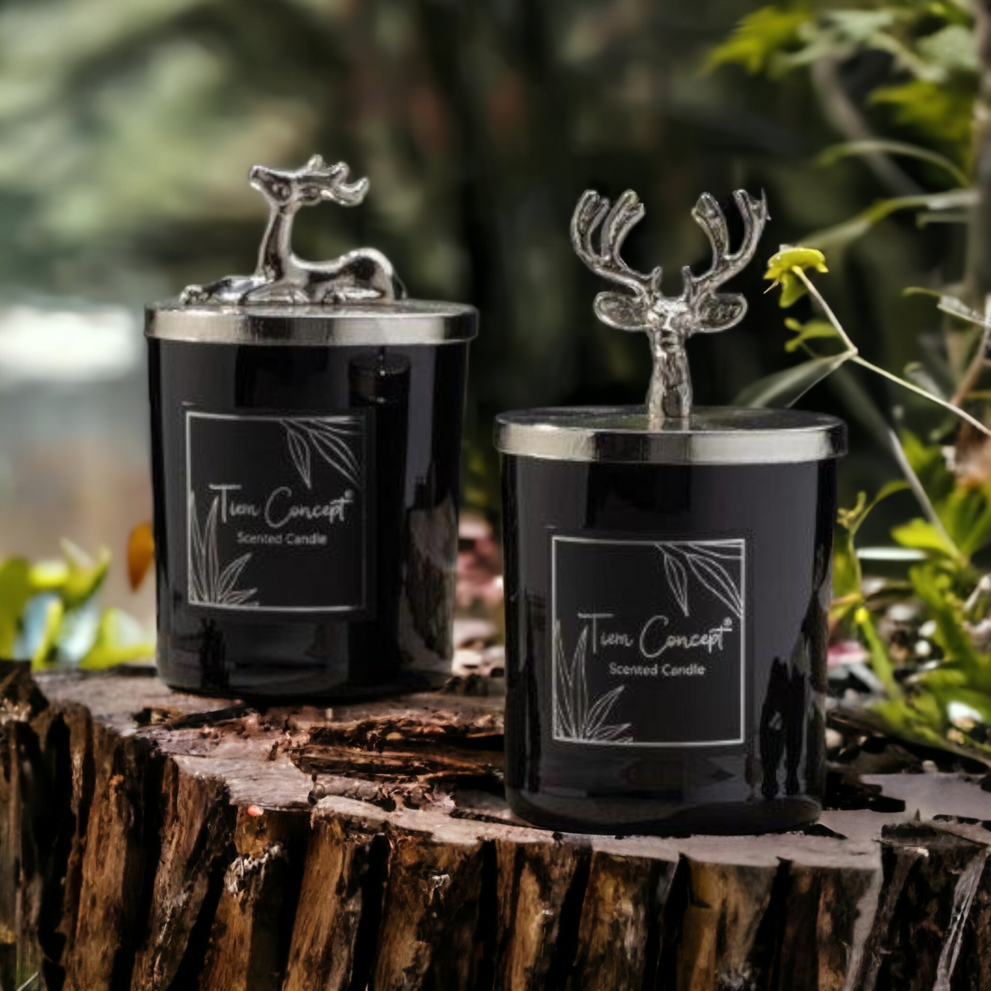 Tiem Concept Decorative Silver Color Deer Headed 2-Piece Black Glass Candle Set
