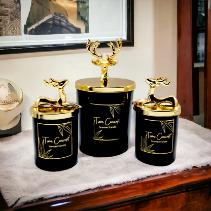 Tiem Concept Special Design Decorative Gold Deer Vanilla Scented 3-Piece Black Glass Candle Set