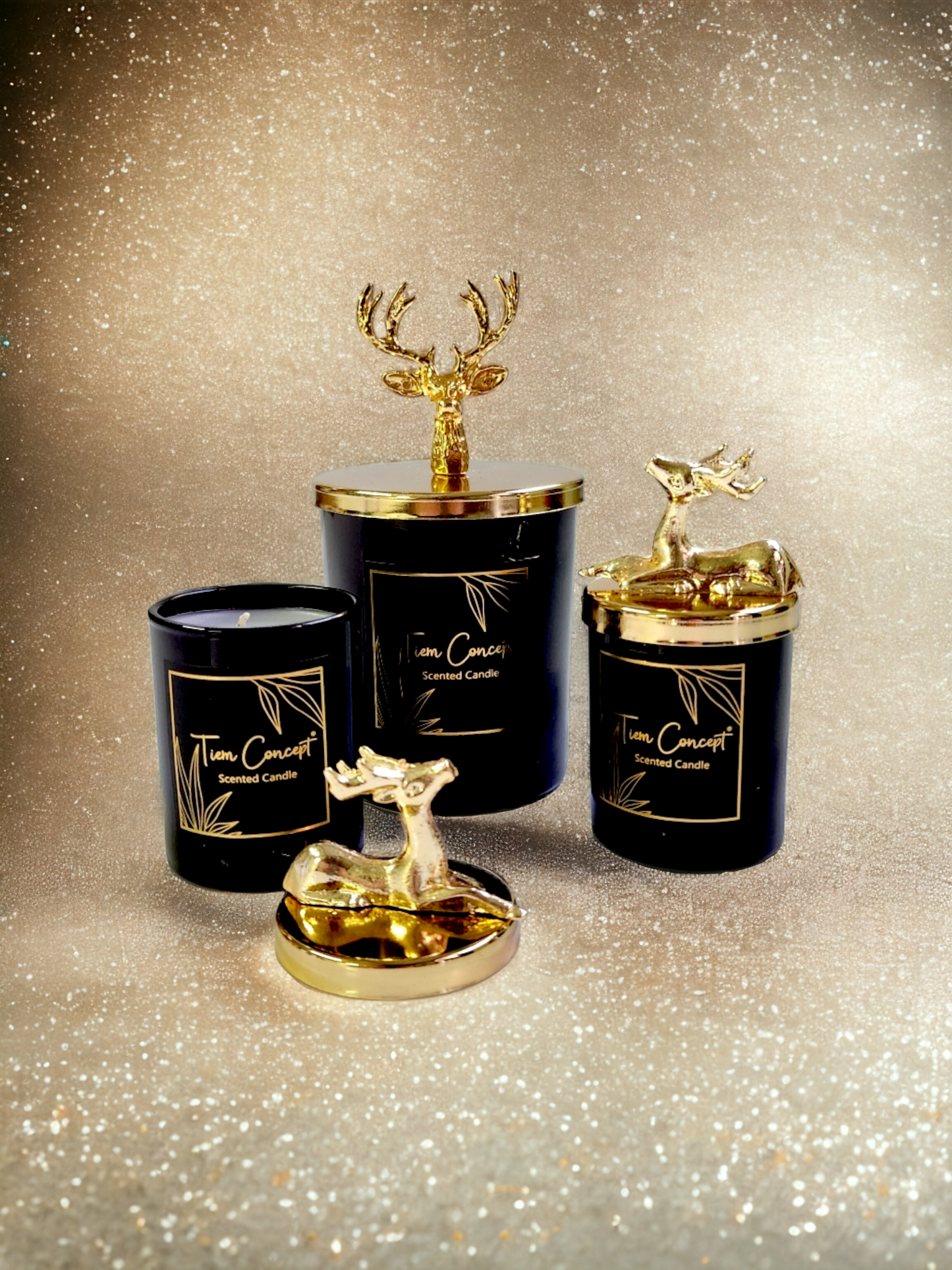 Tiem Concept Special Design Decorative Gold Deer Vanilla Scented 3-Piece Black Glass Candle Set