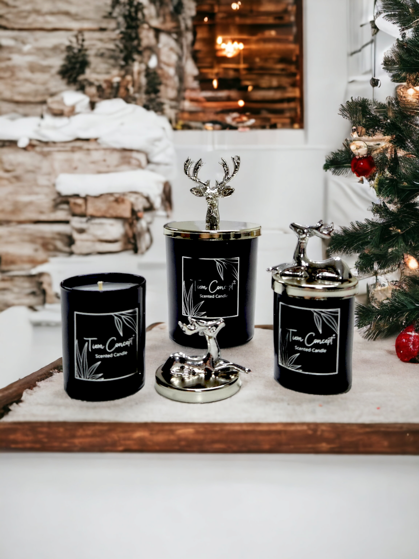 Tiem Concept Special Design Decorative Silver Deer Vanilla Scented 3-Piece Black Glass Candle Set