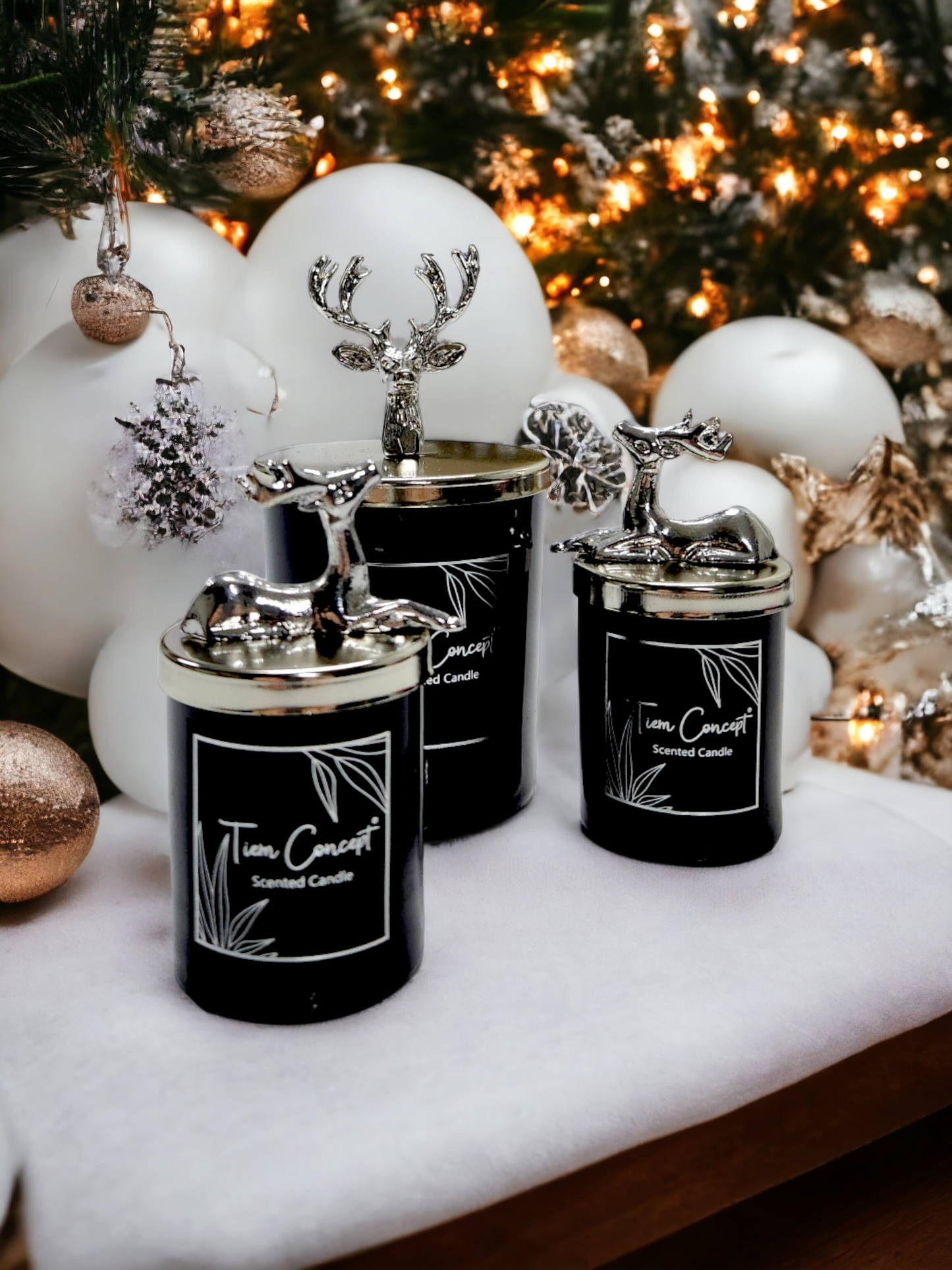 Tiem Concept Special Design Decorative Silver Deer Vanilla Scented 3-Piece Black Glass Candle Set