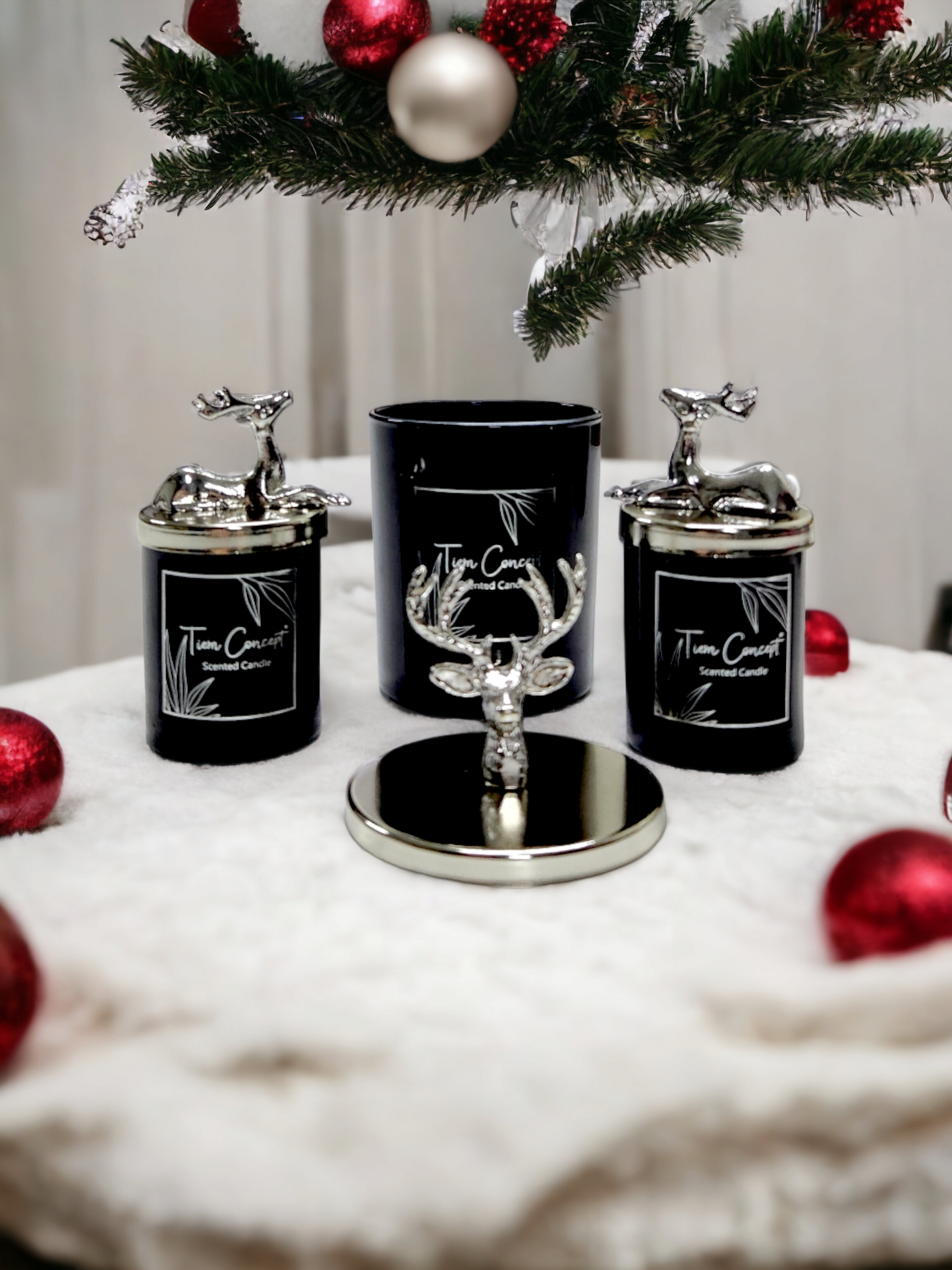 Tiem Concept Special Design Decorative Silver Deer Vanilla Scented 3-Piece Black Glass Candle Set