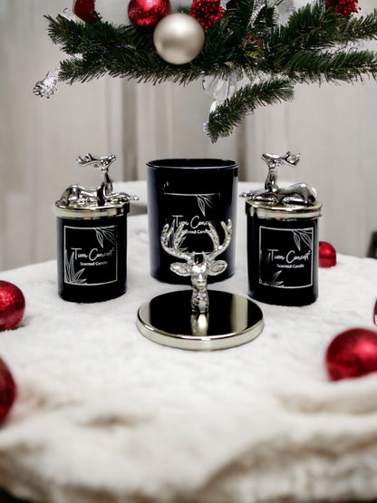 Tiem Concept Special Design Decorative Silver Deer Vanilla Scented 3-Piece Black Glass Candle Set
