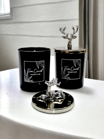 Tiem Concept Decorative Silver Color Deer Headed 2-Piece Black Glass Candle Set