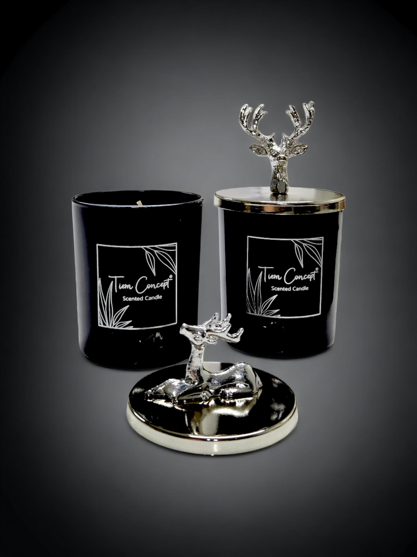 Tiem Concept Decorative Silver Color Deer Headed 2-Piece Black Glass Candle Set
