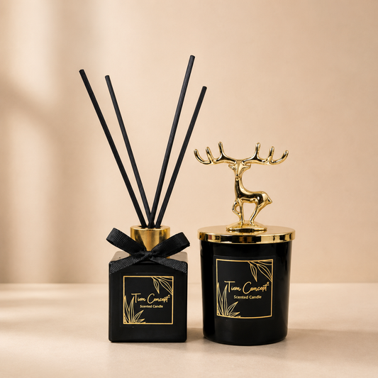 Geyik Başlıklı Gold Detaylı 100 ml Oda Kokusu Ve Siyah Mum Seti