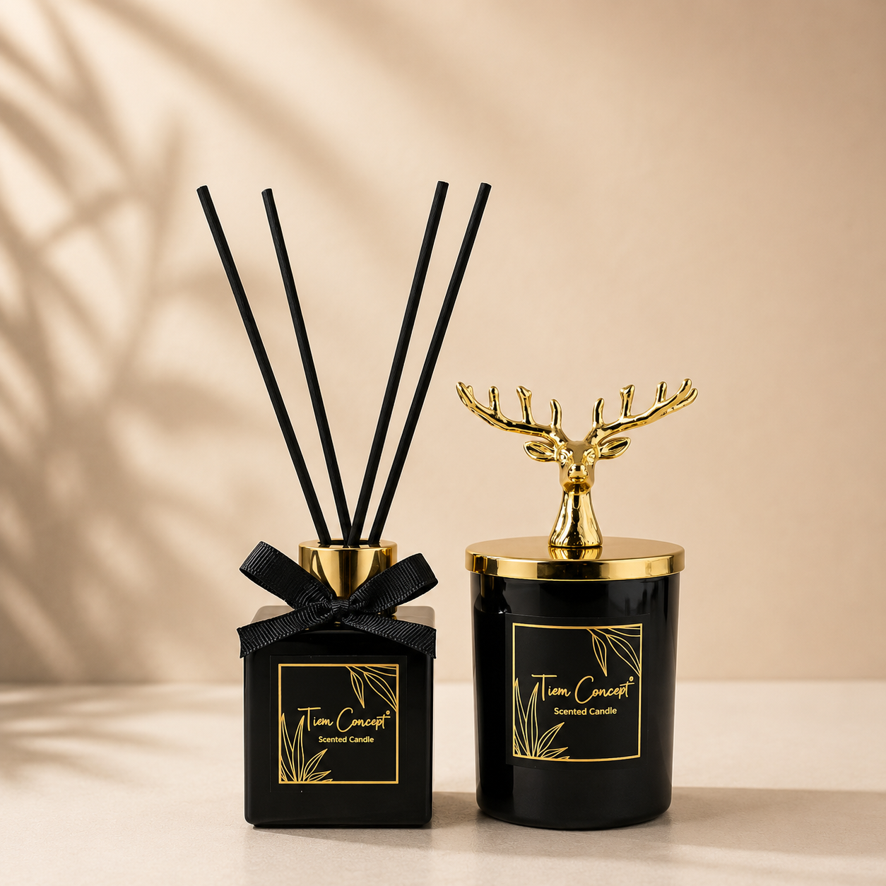 Geyik Başlıklı Gold Detaylı Oda Kokusu Ve Siyah Mum Seti 100 ml