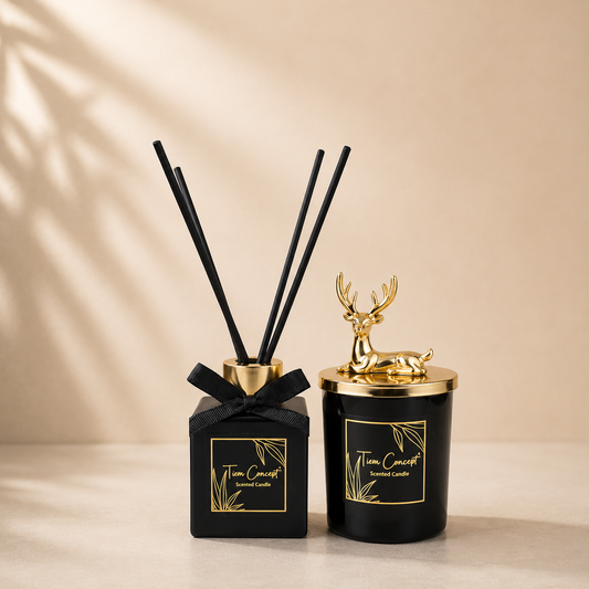 Geyik Başlıklı Gold Detaylı Oda Kokusu Ve Siyah Mum Seti 100 ml