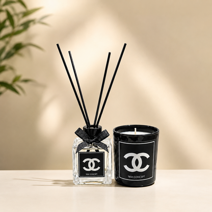 Stick Room Fragrance 100 ml and Black Glass Candle Set