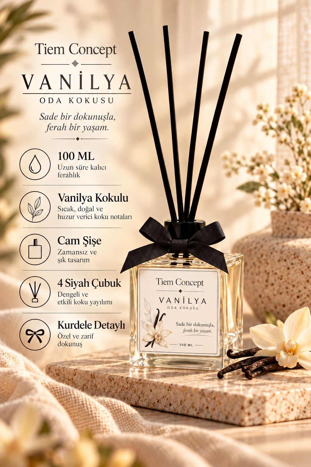Vanilya Kokulu Çubuklu Oda Kokusu 100 ML – Şeffaf Şişe
