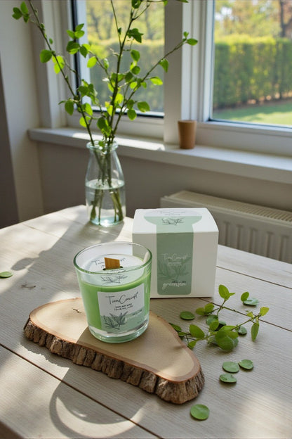 Yeşilçay Kokulu Soya Mum – %100 Doğal Soya Wax, Ahşap Fitilli, Cam Bardakta Dekoratif ve Hediyelik Mum