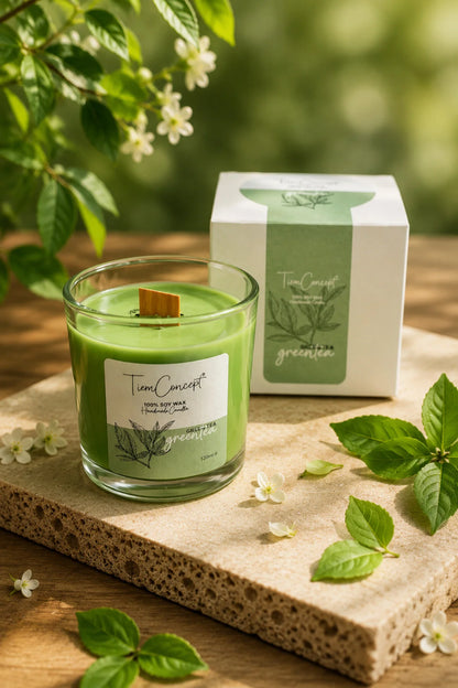 Yeşilçay Kokulu Soya Mum – %100 Doğal Soya Wax, Ahşap Fitilli, Cam Bardakta Dekoratif ve Hediyelik Mum