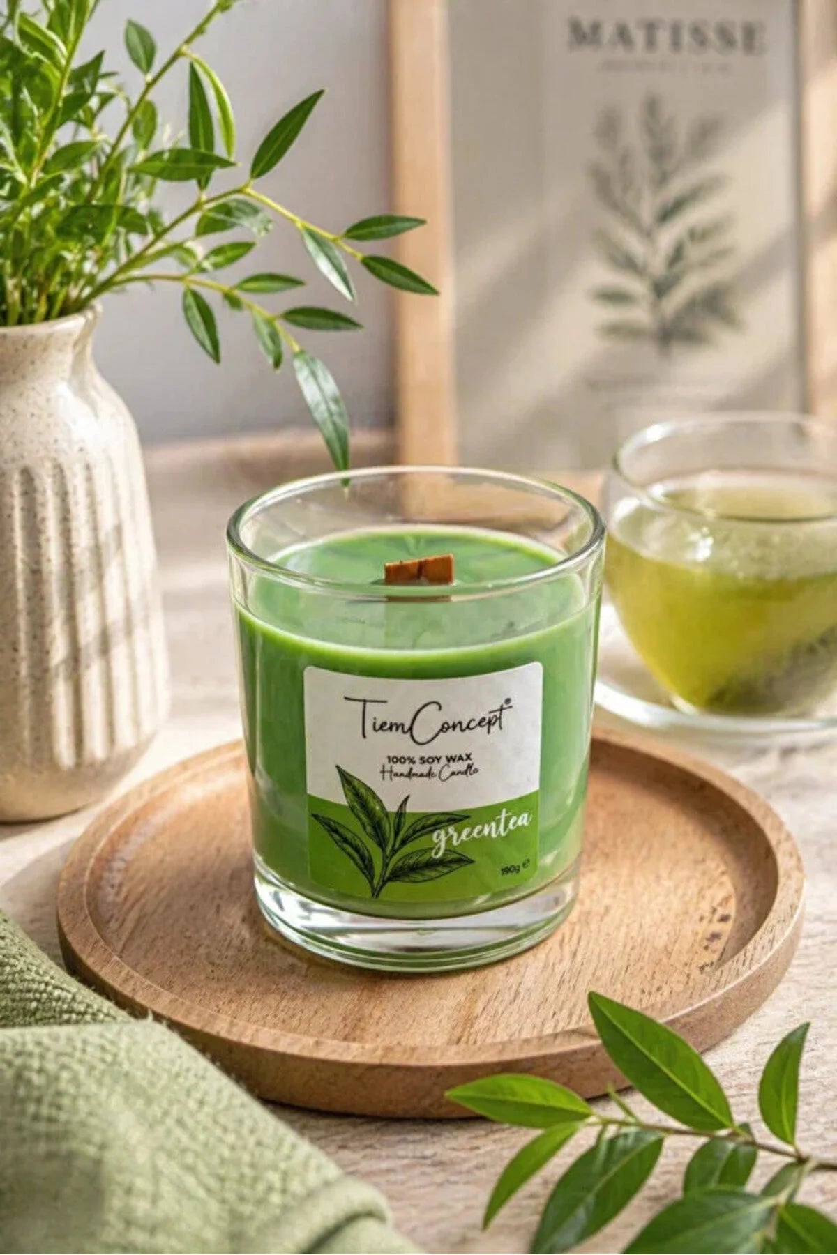Yeşilçay Kokulu Soya Mum – %100 Doğal Soya Wax, Ahşap Fitilli, Cam Bardakta Dekoratif ve Hediyelik Mum