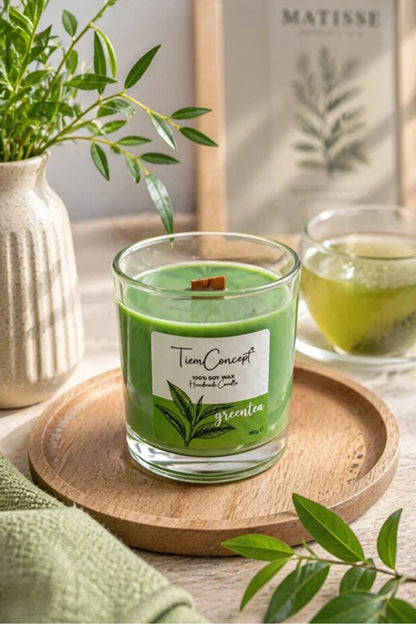 Yeşilçay Kokulu Soya Mum – %100 Doğal Soya Wax, Ahşap Fitilli, Cam Bardakta Dekoratif ve Hediyelik Mum