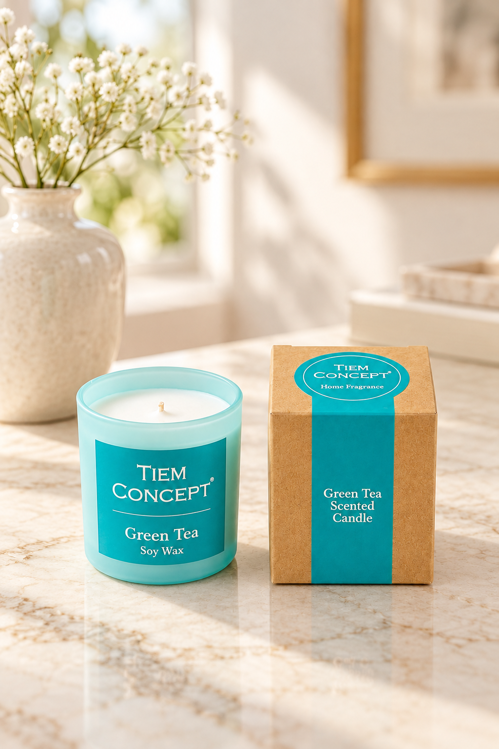 100% Soy Candle Green Tea Scented Mint Green Color Boxed Glass Candle