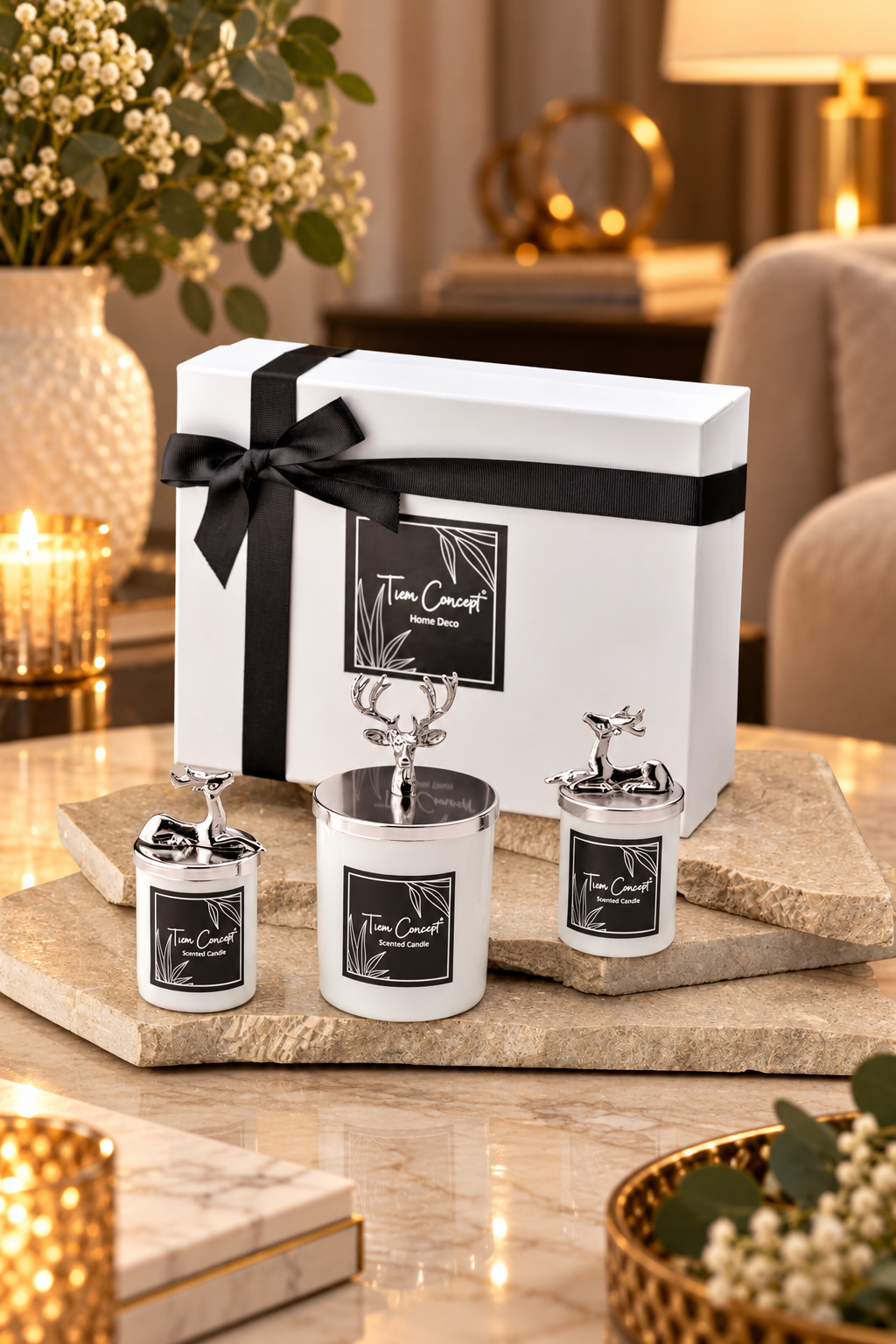 Tiem Concept Decorative Gift Boxed Vanilla Scented Silver Deer 3-Piece White Glass Candle Set