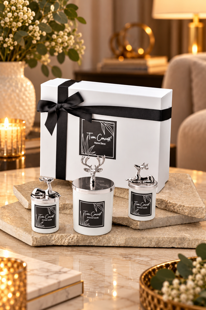 Tiem Concept Decorative Gift Boxed Vanilla Scented Silver Deer 3-Piece White Glass Candle Set