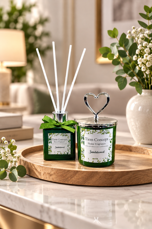 Heart Silver Head Sandalwood Scented Green Glass Candle and Room Fragrance Set 100 ml