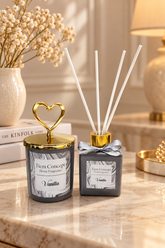 Heart Gold Headed Vanilla Scented Gray Glass Candle and Room Fragrance Set 100 ml