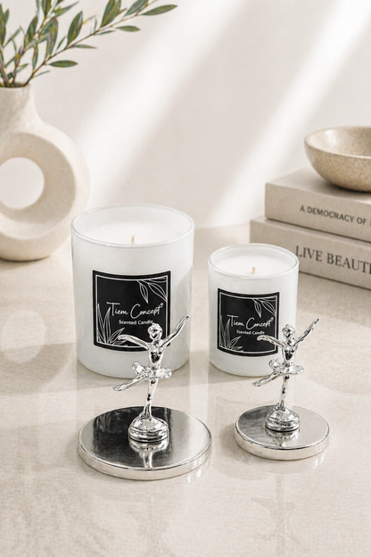 Tiem Concept Special Design Decorative Silver Ballerina Vanilla Scented 2-Piece White Glass Candle Set