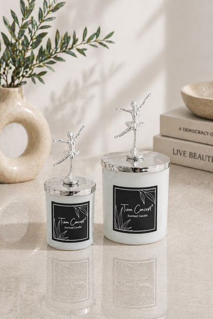 Tiem Concept Special Design Decorative Silver Ballerina Vanilla Scented 2-Piece White Glass Candle Set