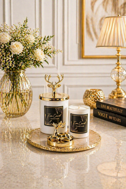 Tiem Concept Special Design Decorative Gold Deer Vanilla Scented 2-Piece White Glass Candle Set