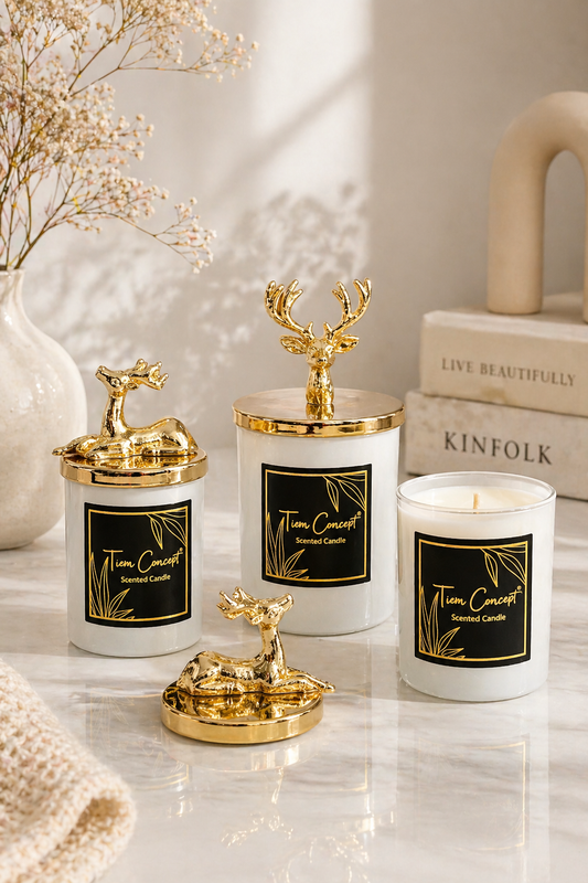 Tiem Concept Special Design Decorative Gold Deer Vanilla Scented White Glass Candle Set of 3