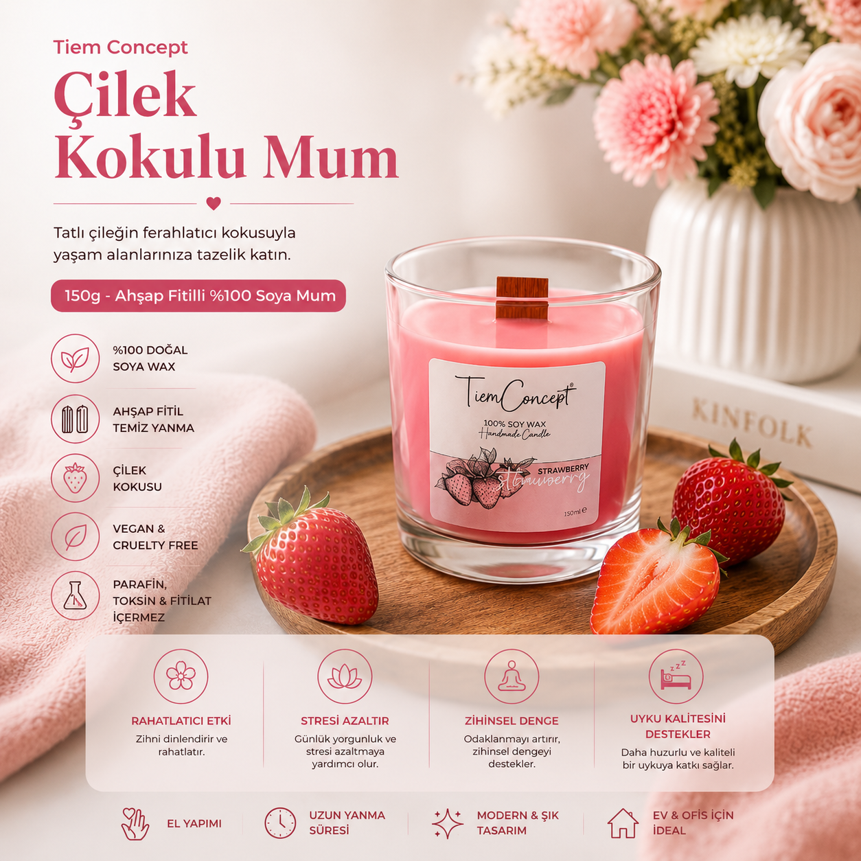 Ahşap Fitilli Kokulu Mum 150g - %100 Soya Mum - Şeffaf Bardak Aromaterapi Oda Kokusu