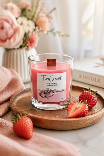 Çilek Kokulu Soya Mum – %100 Doğal Soya Wax, Ahşap Fitilli, Cam Bardakta Dekoratif ve Hediyelik Mum