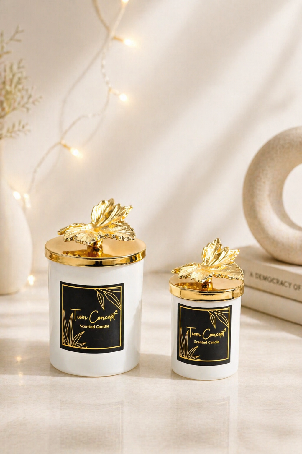Tiem Concept Special Design Decorative Gold Leaf Vanilla Scented 2-Piece White Glass Candle Set