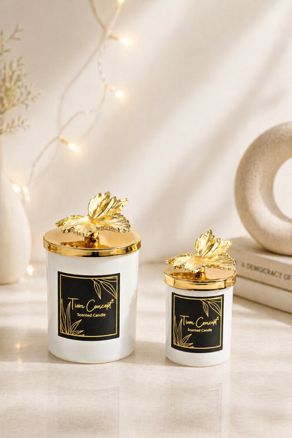 Tiem Concept Special Design Decorative Gold Leaf Vanilla Scented 2-Piece White Glass Candle Set