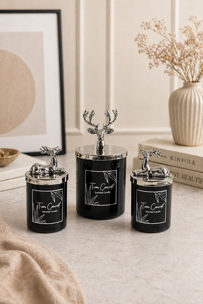 Tiem Concept Special Design Decorative Silver Deer Vanilla Scented 3-Piece Black Glass Candle Set