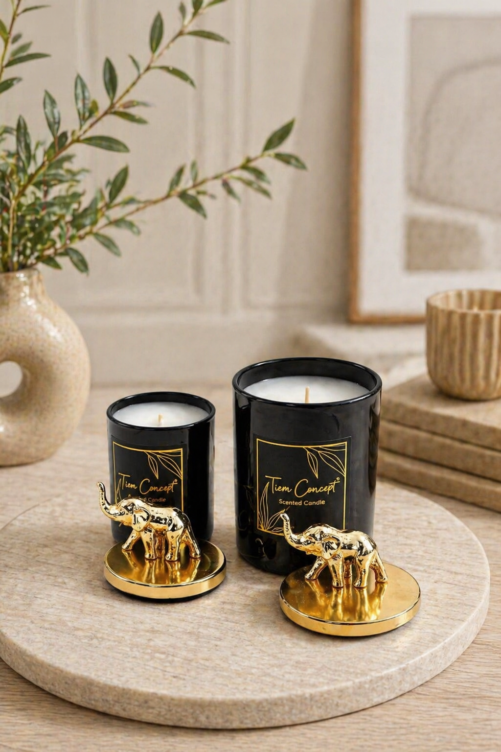 Tiem Concept Special Design Decorative Gold Elephant Top 2-Piece Black Glass Candle Set