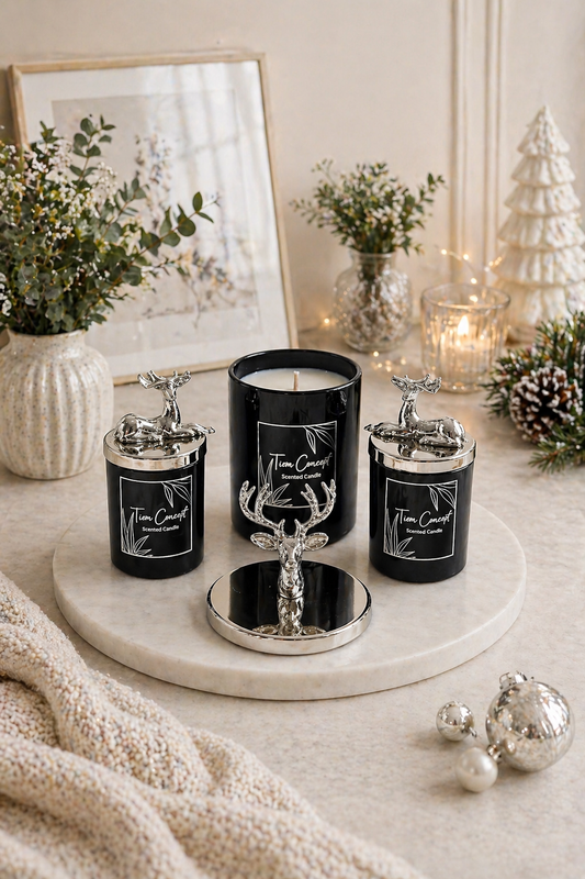 Tiem Concept Special Design Decorative Silver Deer Vanilla Scented 3-Piece Black Glass Candle Set