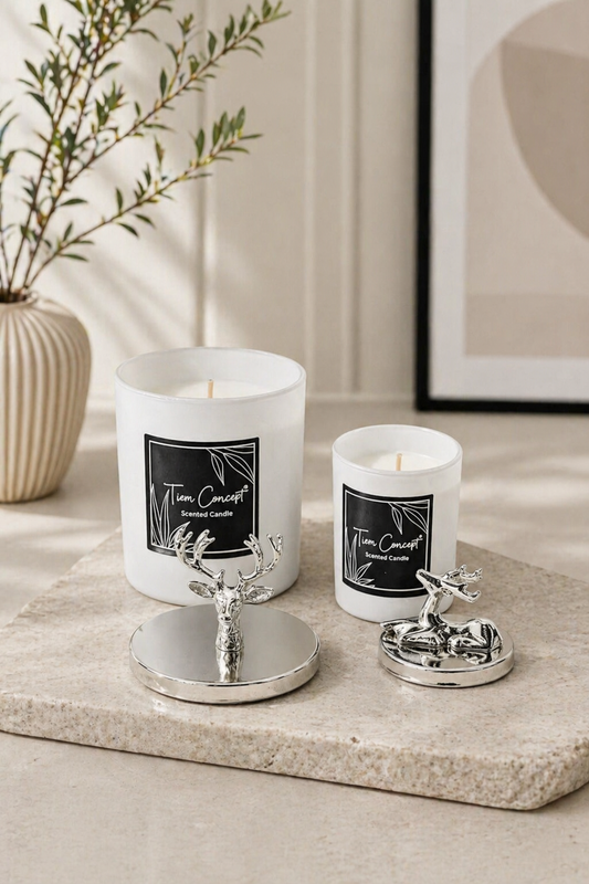 Tiem Concept Special Design Decorative Silver Deer Vanilla Scented 2-Piece White Glass Candle Set