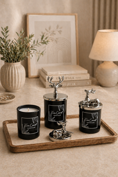 Tiem Concept Special Design Decorative Silver Deer Vanilla Scented 3-Piece Black Glass Candle Set