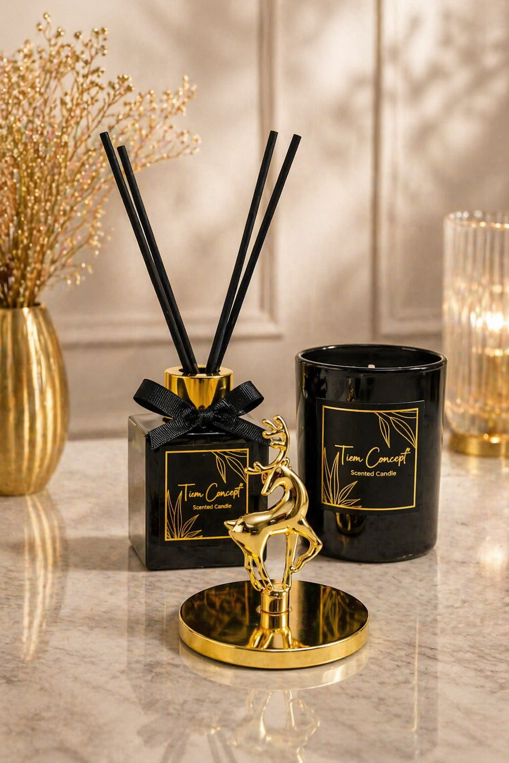 Geyik Başlık Detaylı 100 ml Oda Kokusu Ve Siyah Mum Seti