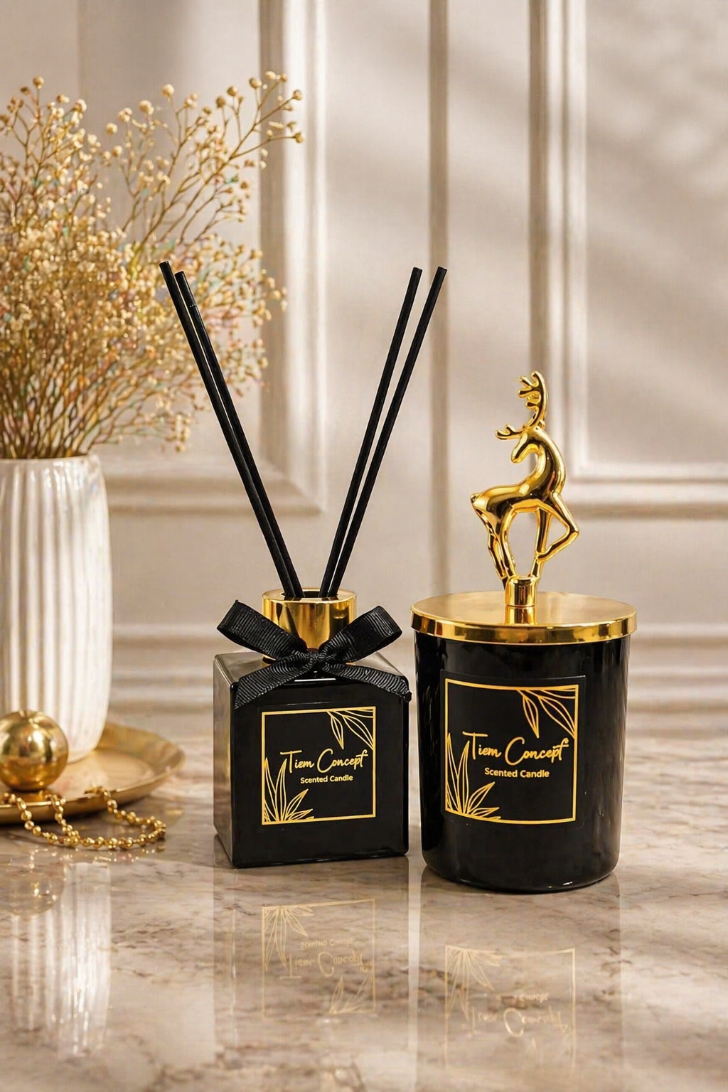 Geyik Başlık Detaylı 100 ml Oda Kokusu Ve Siyah Mum Seti