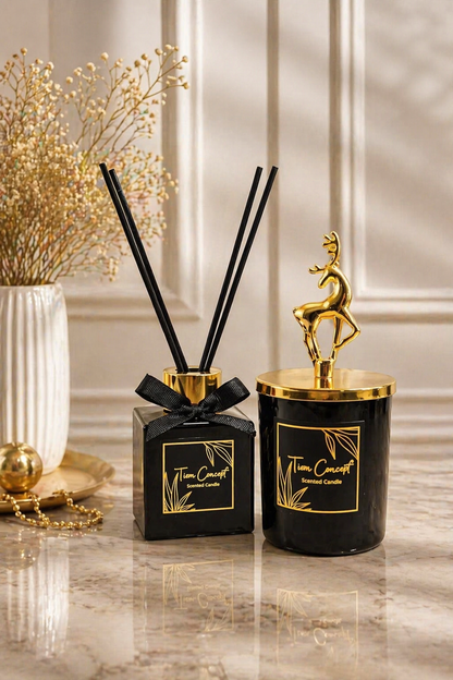 Geyik Başlık Detaylı 100 ml Oda Kokusu Ve Siyah Mum Seti