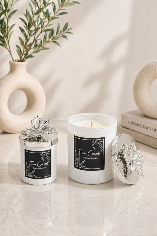 Tiem Concept Special Design Decorative Silver Leaf Vanilla Scented 2-Piece White Glass Candle Set