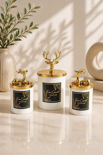 Tiem Concept Special Design Decorative Gold Deer Vanilla Scented White Glass Candle Set of 3
