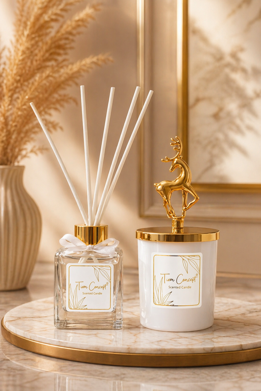 Geyik Başlıklı Gold Detaylı Çubuklu Oda Kokusu 100 ml ve Beyaz Bardak  Mum Seti